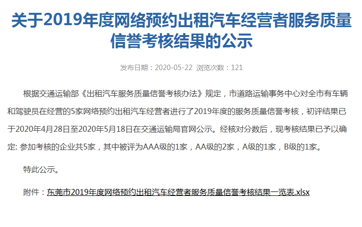 东莞滴滴网约车平台2019年考核不达标，需要整改